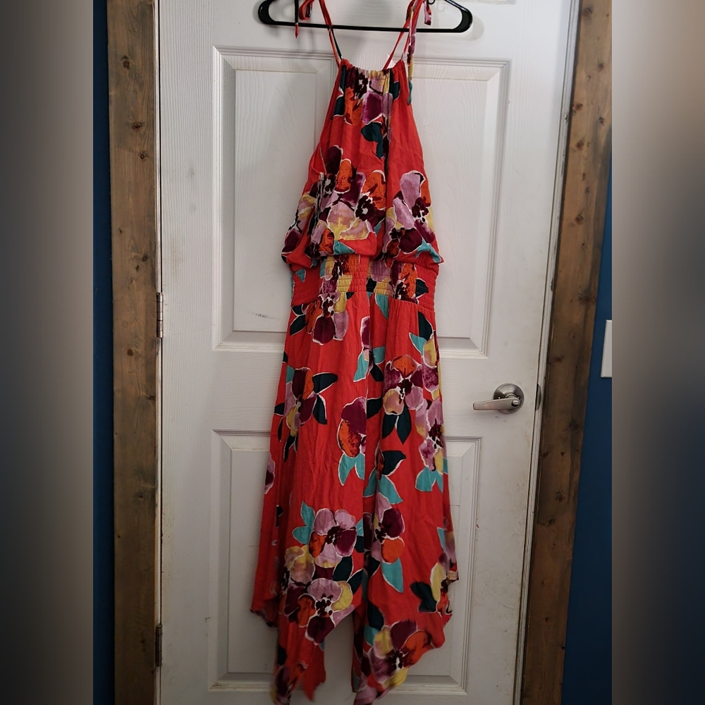 Maurices Large Print Floral Red Halter Strap Maxi Dress Size XL Brand New